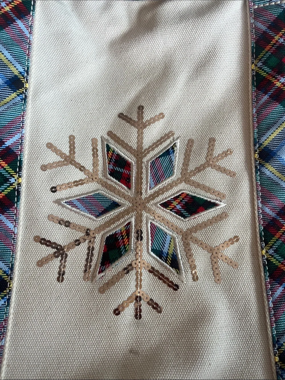 Canvas Tote Bag with Plaid Trim and star- Cream colored